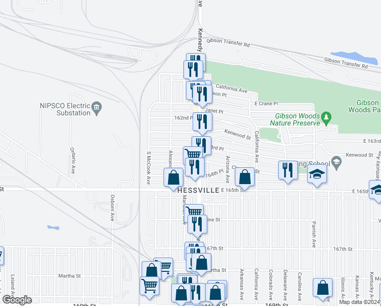map of restaurants, bars, coffee shops, grocery stores, and more near 2738 163rd Place in Hammond