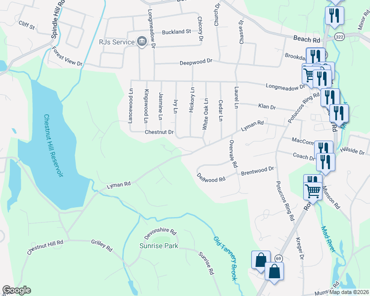 map of restaurants, bars, coffee shops, grocery stores, and more near 128 Lyman Road in Wolcott