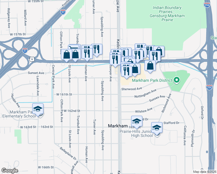 map of restaurants, bars, coffee shops, grocery stores, and more near 16034 Sawyer Avenue in Markham
