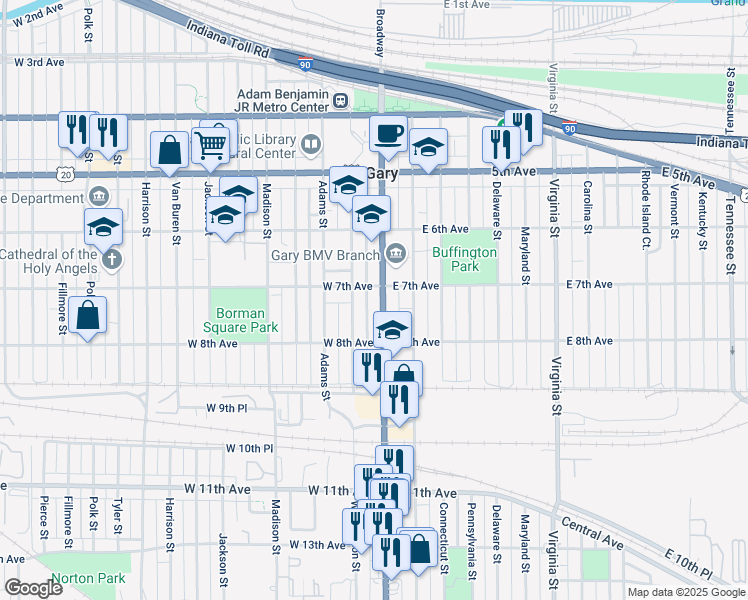 map of restaurants, bars, coffee shops, grocery stores, and more near 716 Broadway in Gary