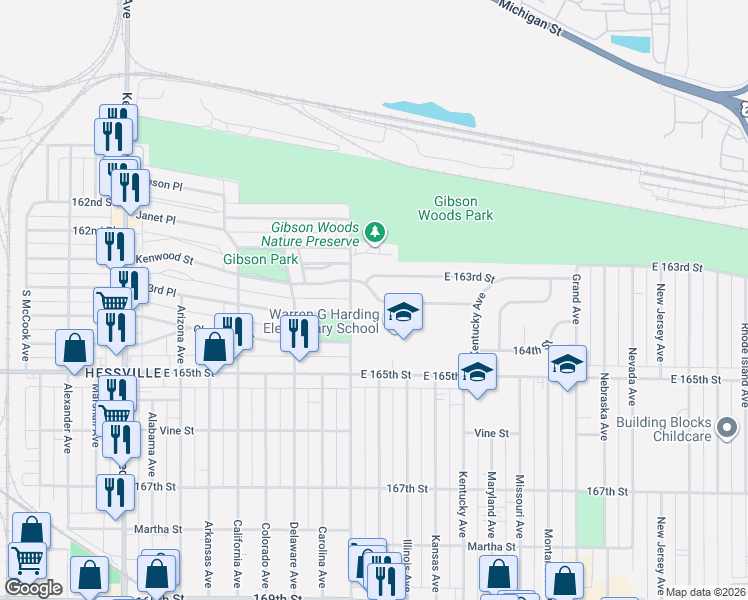 map of restaurants, bars, coffee shops, grocery stores, and more near 6335 Parrish Avenue in Hammond