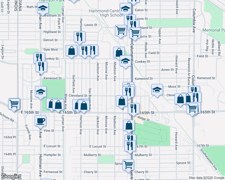 map of restaurants, bars, coffee shops, grocery stores, and more near 6336 Madison Avenue in Hammond