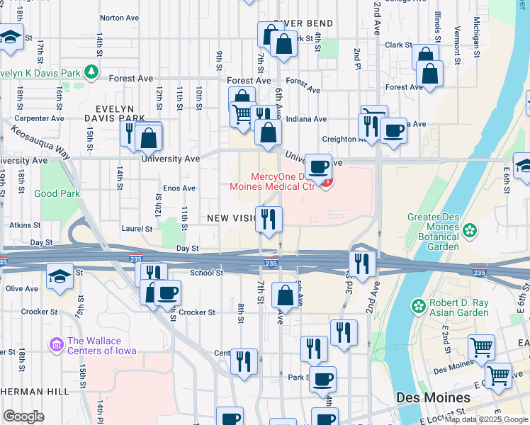 map of restaurants, bars, coffee shops, grocery stores, and more near 1105 7th Street in Des Moines