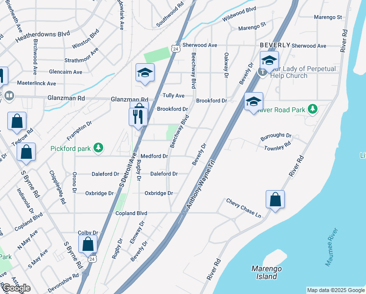 map of restaurants, bars, coffee shops, grocery stores, and more near 3750 Mapleway Drive in Toledo