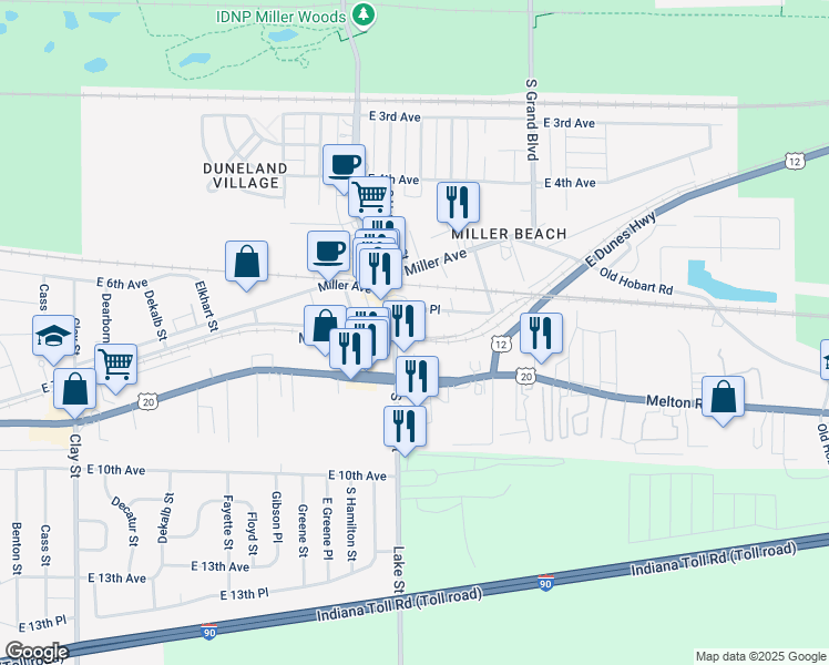 map of restaurants, bars, coffee shops, grocery stores, and more near 6048 East Dunes Highway in Gary
