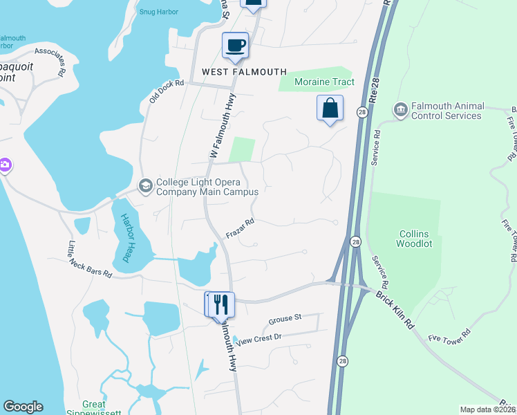 map of restaurants, bars, coffee shops, grocery stores, and more near 39 Frazar Road in Falmouth