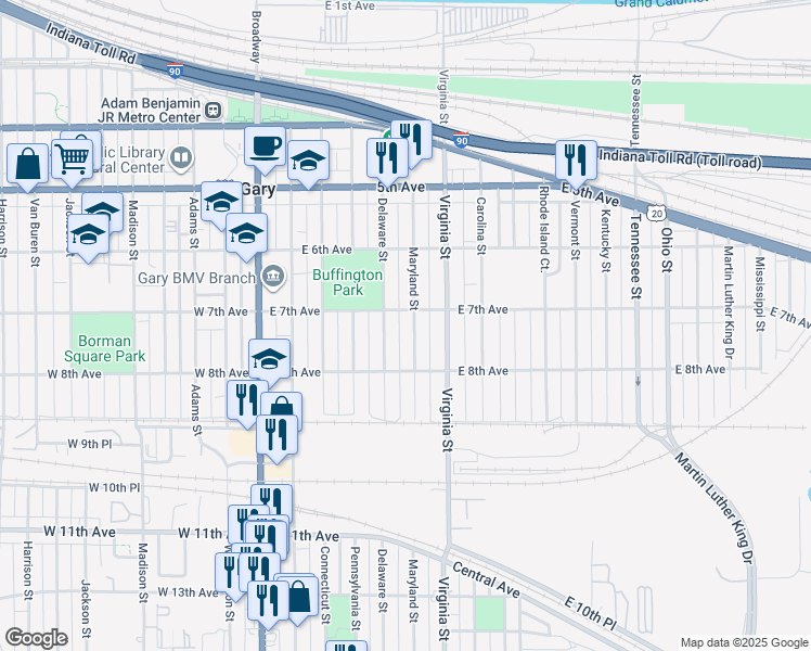 map of restaurants, bars, coffee shops, grocery stores, and more near 716 Maryland Street in Gary