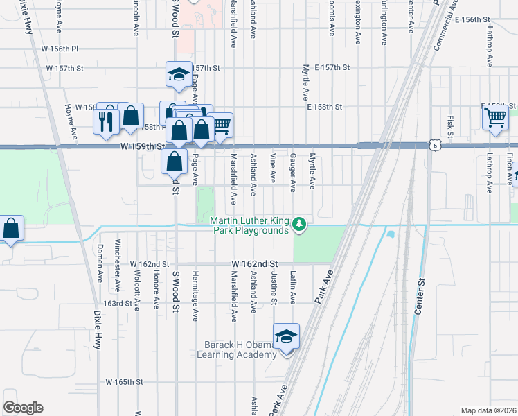map of restaurants, bars, coffee shops, grocery stores, and more near 16027 South Ashland Avenue in Harvey