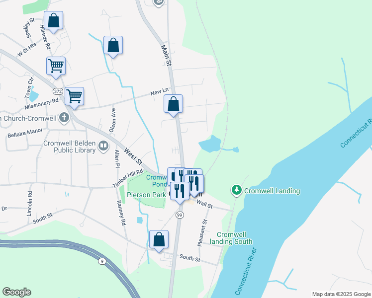 map of restaurants, bars, coffee shops, grocery stores, and more near 360 Main Street in Cromwell
