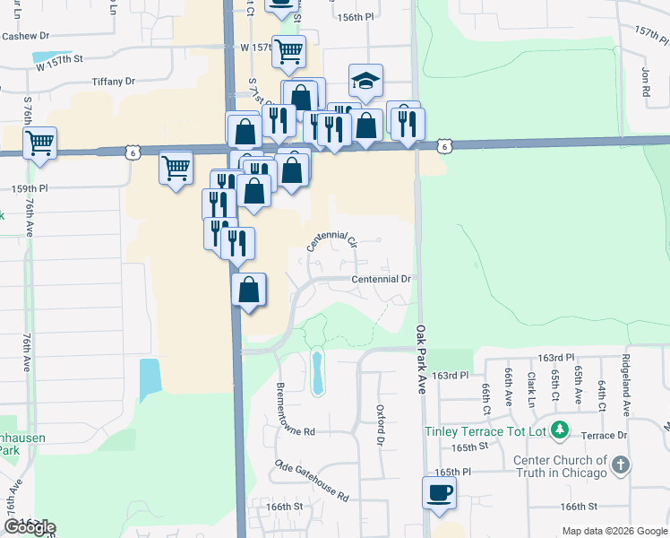 map of restaurants, bars, coffee shops, grocery stores, and more near 6961 Margarets Courtyard in Tinley Park