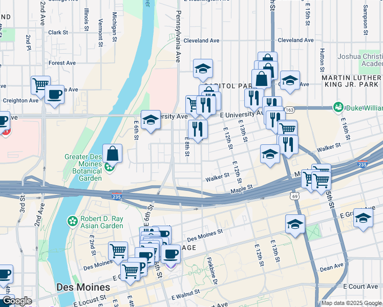 map of restaurants, bars, coffee shops, grocery stores, and more near 1019 East 8th Street in Des Moines