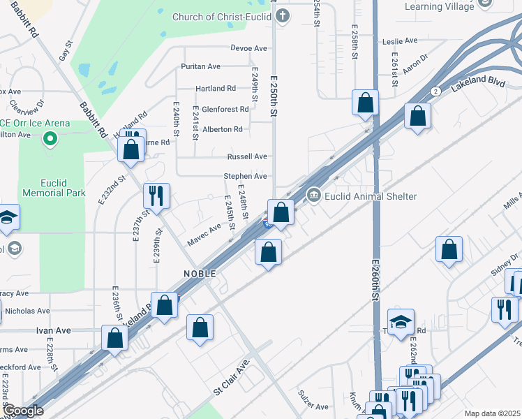 map of restaurants, bars, coffee shops, grocery stores, and more near 24951 Lakeland Blvd in Euclid