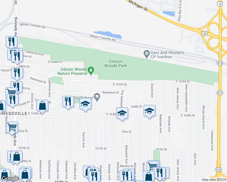 map of restaurants, bars, coffee shops, grocery stores, and more near 3339 Kenwood Street in Hammond