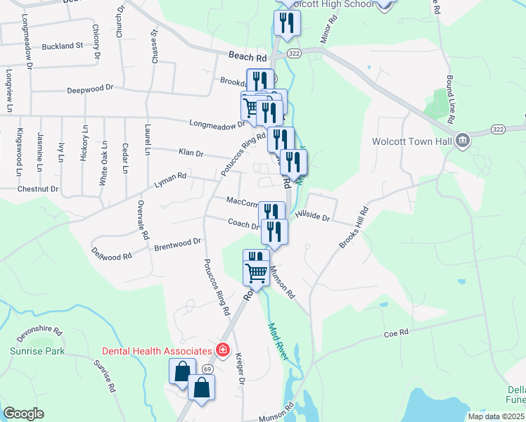 map of restaurants, bars, coffee shops, grocery stores, and more near 17 MacCormack Drive in Wolcott