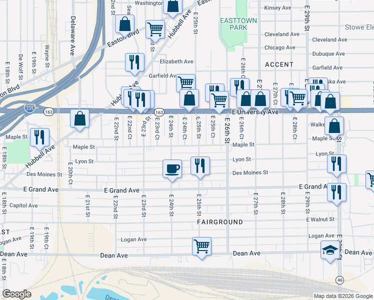 map of restaurants, bars, coffee shops, grocery stores, and more near 2427 Maple Street in Des Moines