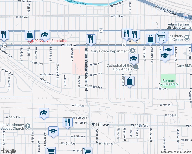 map of restaurants, bars, coffee shops, grocery stores, and more near 709 Johnson St in Gary