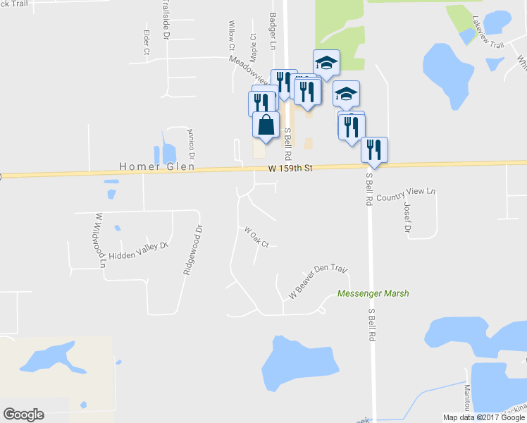 map of restaurants, bars, coffee shops, grocery stores, and more near 12838 White Oak Court in Homer Glen