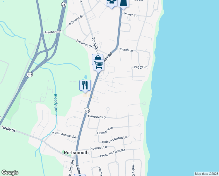 map of restaurants, bars, coffee shops, grocery stores, and more near 9 Fox Run in Portsmouth