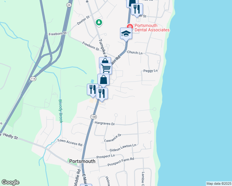 map of restaurants, bars, coffee shops, grocery stores, and more near 9 Fox Run in Portsmouth