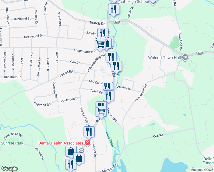 map of restaurants, bars, coffee shops, grocery stores, and more near 17 MacCormack Drive in Wolcott