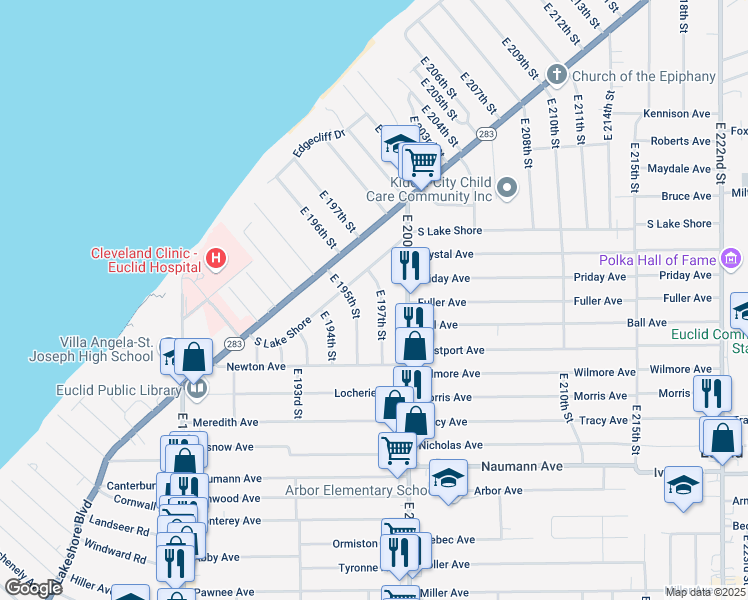 map of restaurants, bars, coffee shops, grocery stores, and more near 284 East 197th Street in Euclid