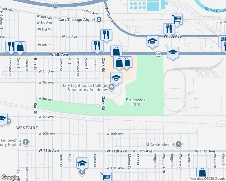 map of restaurants, bars, coffee shops, grocery stores, and more near 719 Clark Road in Gary