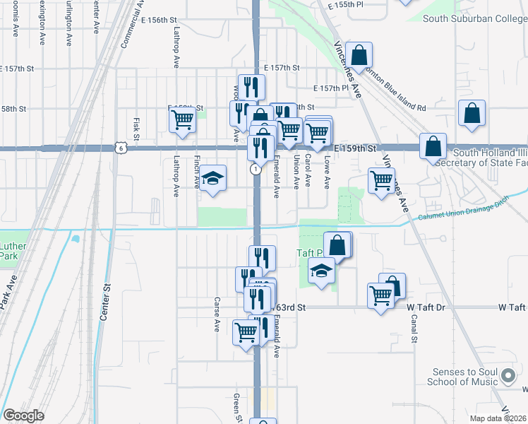 map of restaurants, bars, coffee shops, grocery stores, and more near 16037 Halsted Street in Harvey