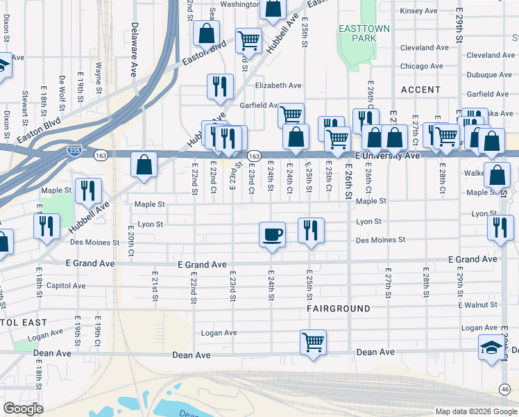 map of restaurants, bars, coffee shops, grocery stores, and more near 2347 Maple Street in Des Moines