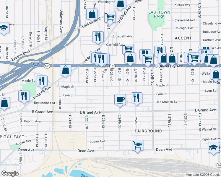 map of restaurants, bars, coffee shops, grocery stores, and more near 2313 Maple Street in Des Moines