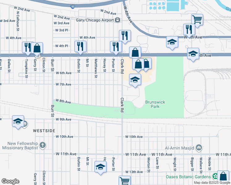 map of restaurants, bars, coffee shops, grocery stores, and more near 739 Porter Street in Gary