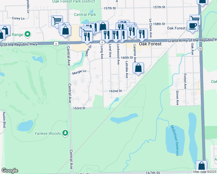 map of restaurants, bars, coffee shops, grocery stores, and more near 16142 Lorel Avenue in Oak Forest