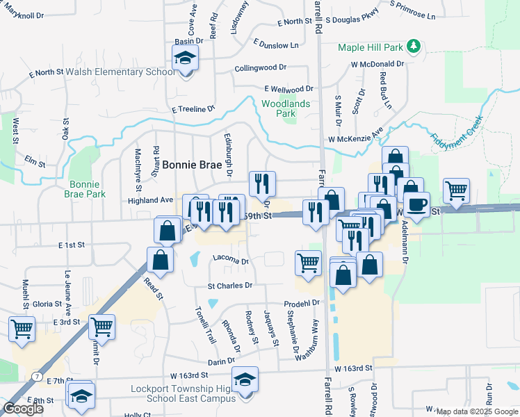map of restaurants, bars, coffee shops, grocery stores, and more near 1240 Thornton Street in Lockport