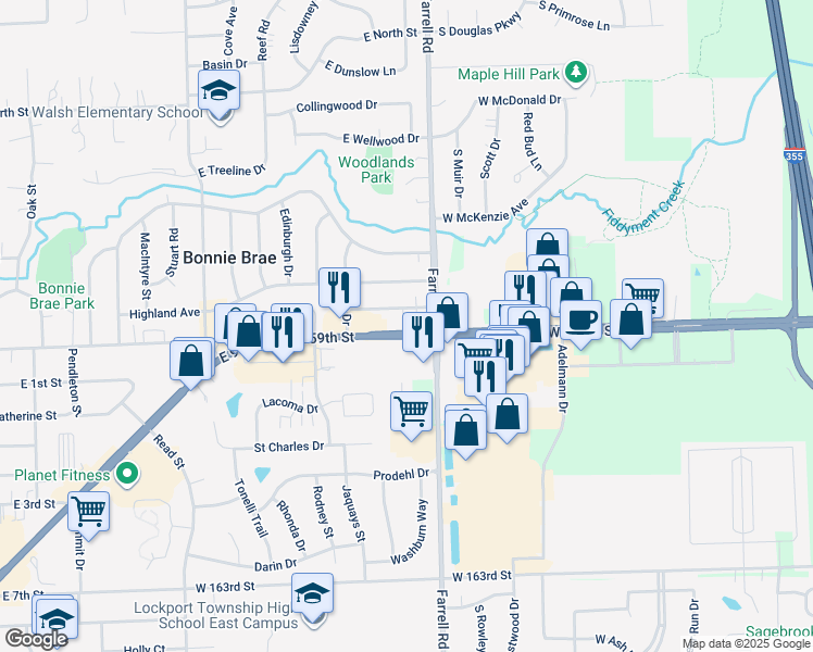 map of restaurants, bars, coffee shops, grocery stores, and more near 1316 East 159th Street in Lockport