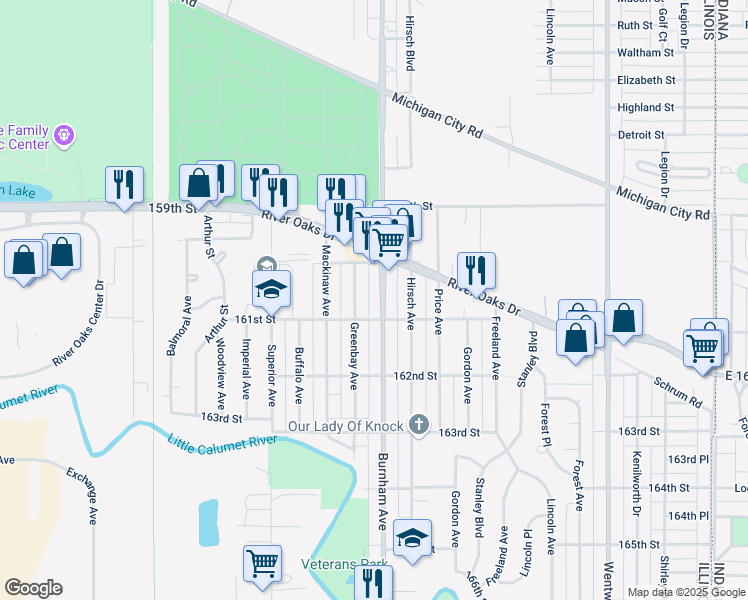map of restaurants, bars, coffee shops, grocery stores, and more near 1278 Burnham Avenue in Calumet City