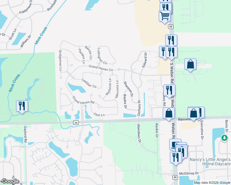 map of restaurants, bars, coffee shops, grocery stores, and more near 708 Mecosta Lane in Romeoville