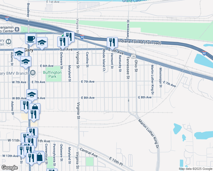 map of restaurants, bars, coffee shops, grocery stores, and more near 719 Rhode Island Court in Gary