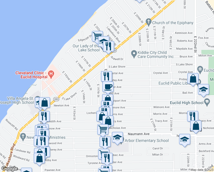 map of restaurants, bars, coffee shops, grocery stores, and more near 317 East 200th Street in Cleveland