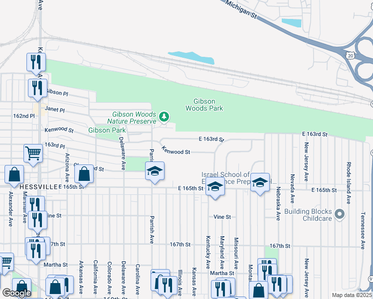 map of restaurants, bars, coffee shops, grocery stores, and more near 3311 Kenwood Street in Hammond