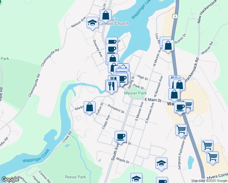 map of restaurants, bars, coffee shops, grocery stores, and more near 28 Market Street in Wappingers Falls