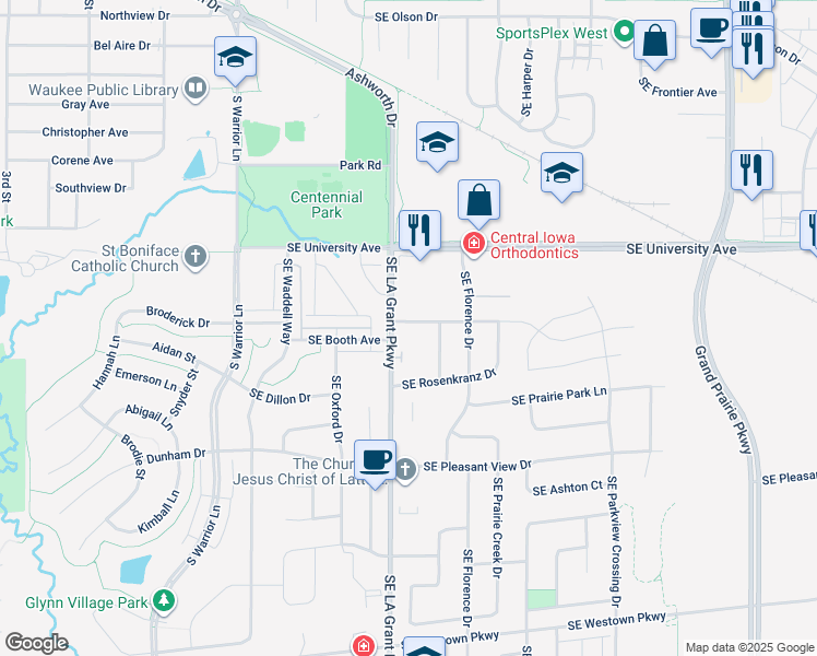 map of restaurants, bars, coffee shops, grocery stores, and more near 340 Booth Drive in Waukee