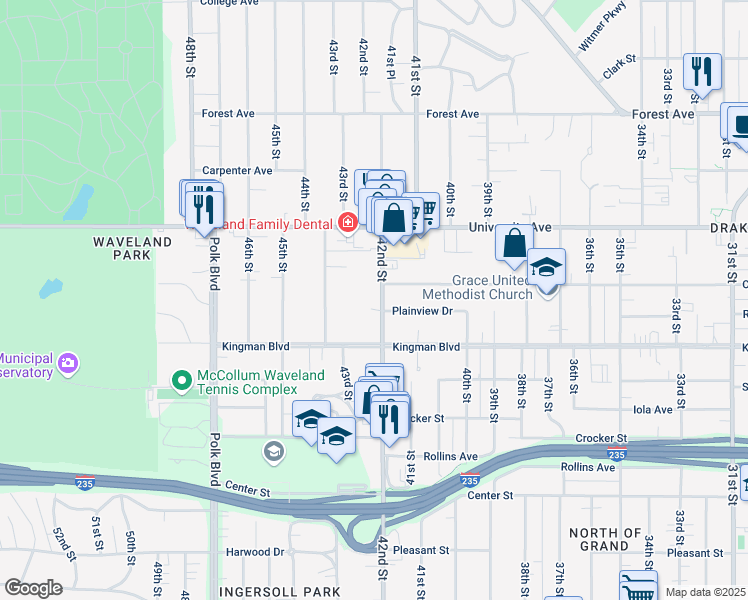 map of restaurants, bars, coffee shops, grocery stores, and more near 1080 42nd Street in Des Moines