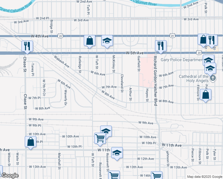 map of restaurants, bars, coffee shops, grocery stores, and more near 710 Mckinley Street in Gary