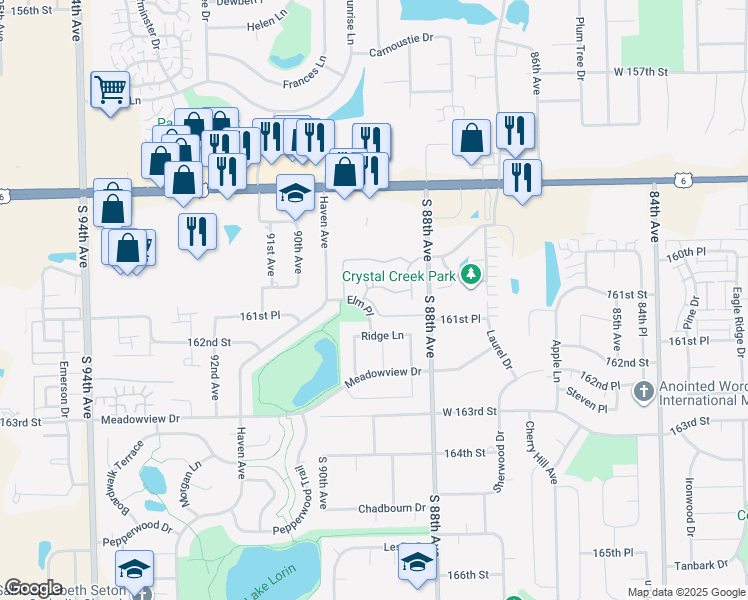 map of restaurants, bars, coffee shops, grocery stores, and more near 8930 Cedarwood Drive in Tinley Park