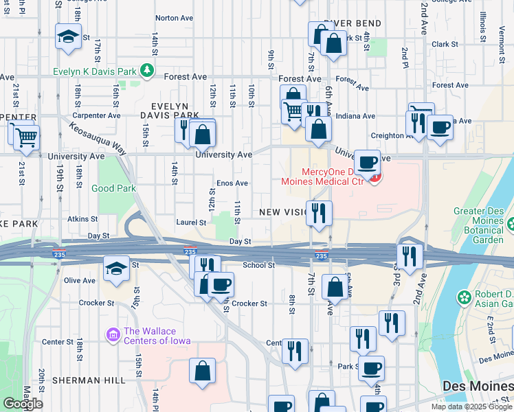 map of restaurants, bars, coffee shops, grocery stores, and more near 1115 10th Street in Des Moines