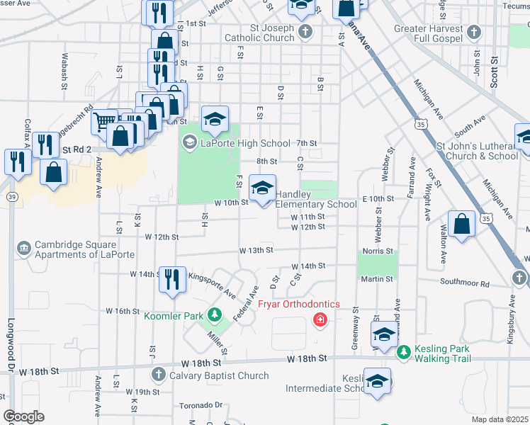 map of restaurants, bars, coffee shops, grocery stores, and more near 408 West 10th Street in La Porte
