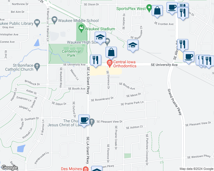 map of restaurants, bars, coffee shops, grocery stores, and more near 1380 Southeast Florence Drive in Waukee