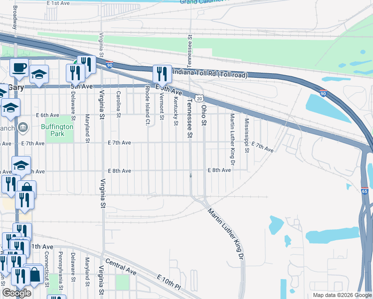 map of restaurants, bars, coffee shops, grocery stores, and more near 716 Tennessee Street in Gary