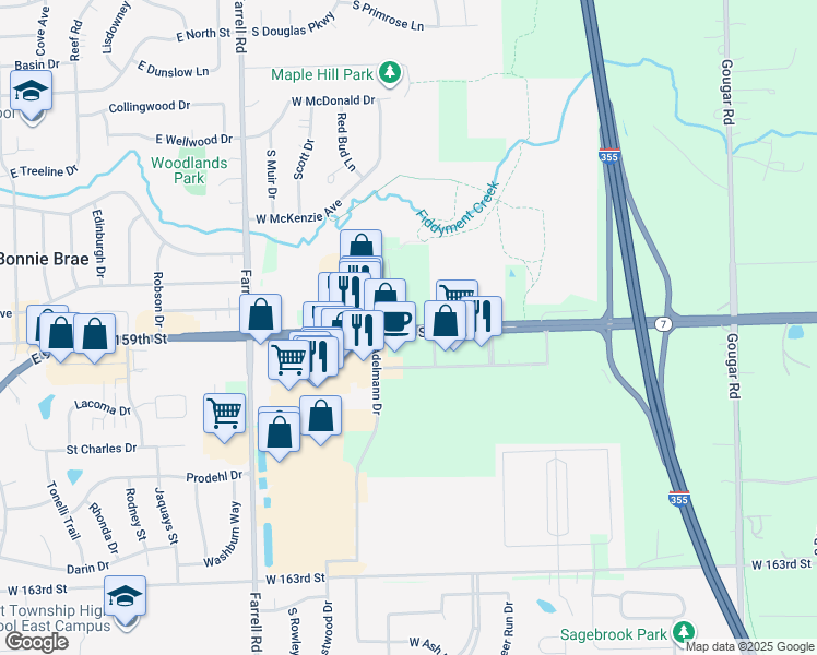 map of restaurants, bars, coffee shops, grocery stores, and more near 16518 West 159th Street in Lockport
