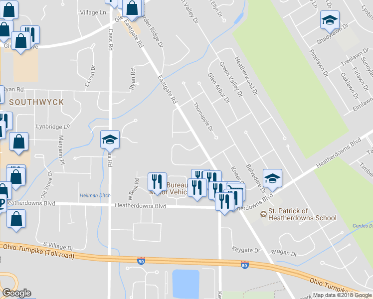 map of restaurants, bars, coffee shops, grocery stores, and more near 4350 North Watercrest Drive in Toledo