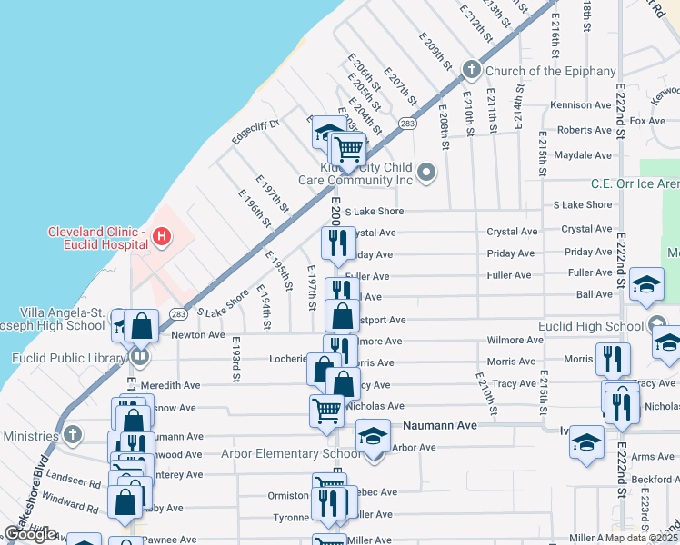 map of restaurants, bars, coffee shops, grocery stores, and more near 317 East 200th Street in Cleveland